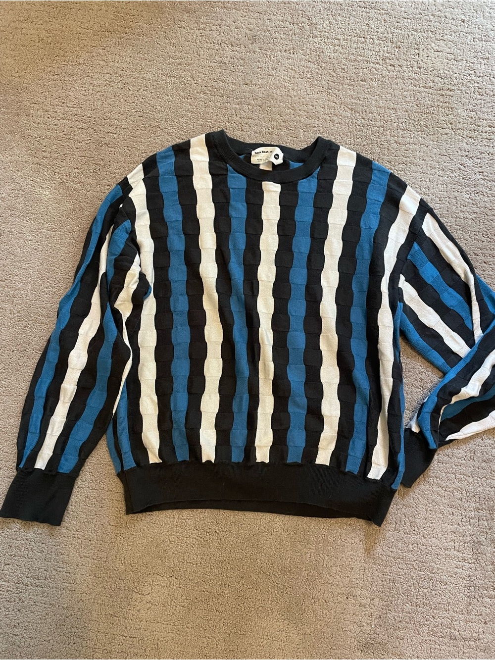 Back Beat Co. Striped Black, Blue & White Crewneck Sweater